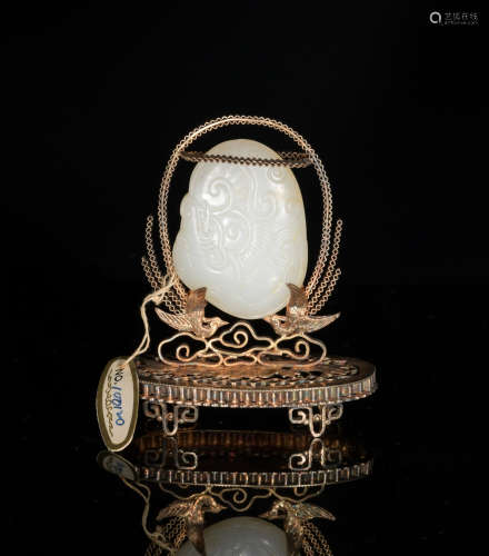 Chinese White Jade Chilong with Metal Stand, 18th