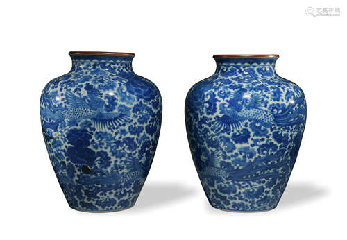 Pair of Chinese Blue and White Jars with Wooden Stands,