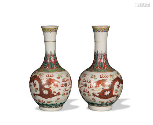 Pair of Chinese Famille Rose Dragon Vases, Guangxu