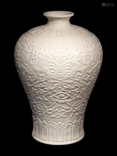 A Carved White Glazed Porcelain Meiping Vase Height 11 3/4 i...