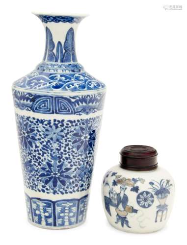 Two Blue and White Porcelain Vessels Height of taller 12 3/4...
