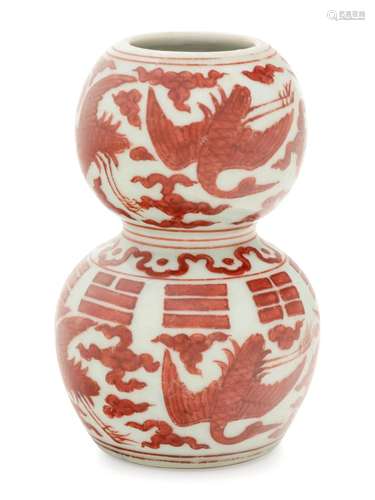 An Iron Red Decorated Porcelain 'Crane' Gourd-Form...