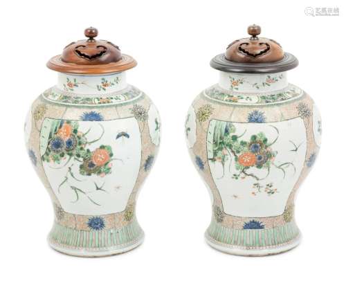 A Pair of Famille Verte Porcelain Baluster Jars Height of ea...