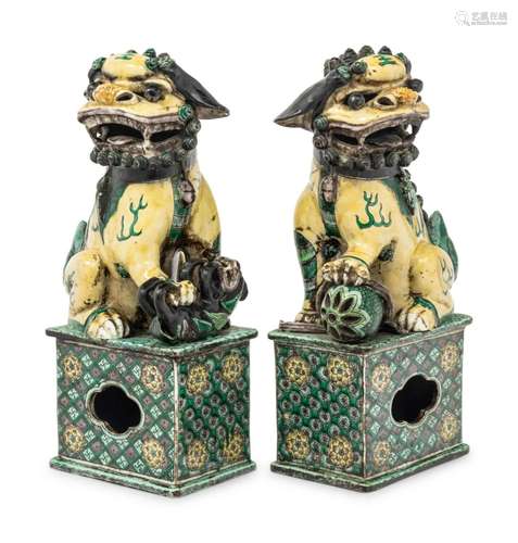 A Pair of Famille Verte Porcelain Figures of Fu Lions Height...