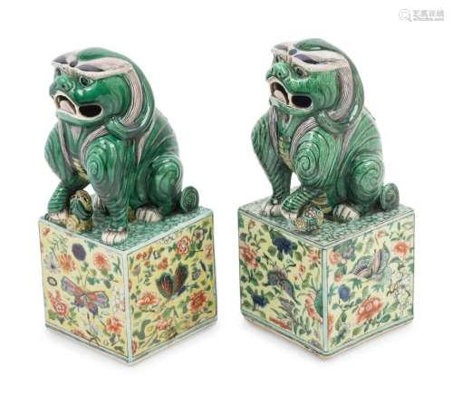 A Pair of Famille Verte Porcelain Figures of Fu Lions Height...