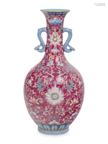 A Ruby Ground Famille Rose Porcelain Vase Height 9 3/4 in., ...
