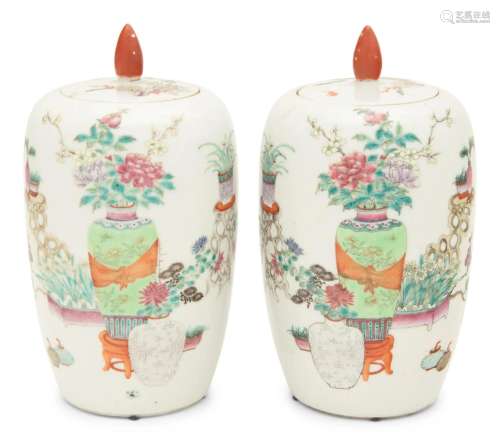 A Pair of Famille Rose Porcelain Ovoid Jars and Covers Heigh...