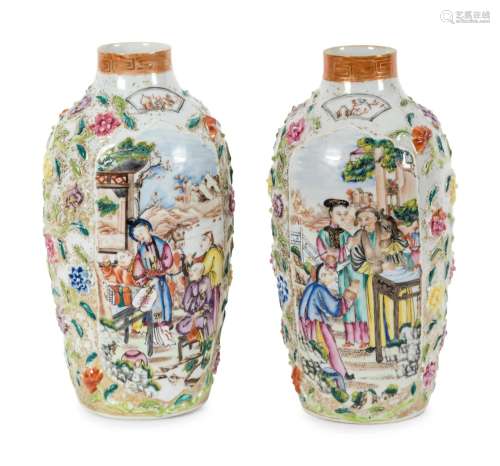 A Pair of Chinese Export Famille Rose Porcelain Baluster Vas...