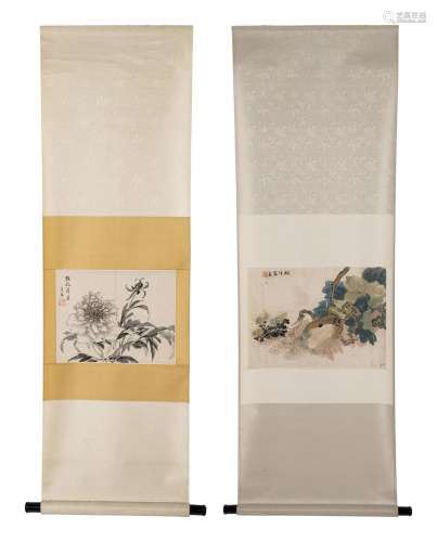 Two Chinese Hanging Scrolls Depicting Flowers and Plants Ima...