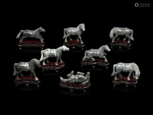 A Small Set of Eight Grey Jadeite Figures of Horses Length 4...