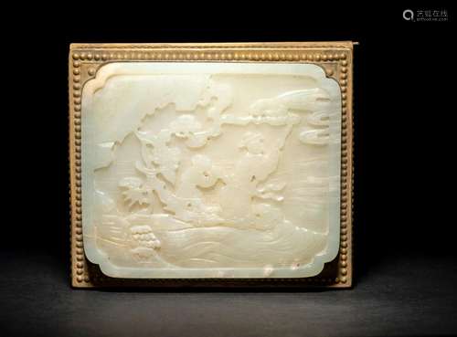 A Celadon Jade Inset Brass Box Width 5 1/2 in., 14 cm.