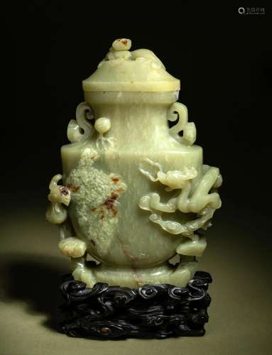 A Carved Yellow Jade Covered Vase Height 7 x width 4 3/4 in....