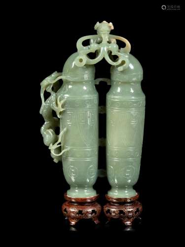 A Carved Serpentine Double Vase and Cover Height 7 in., 17.8...