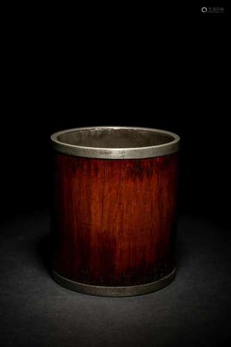 A Hardwood and Pewter Brushpot, Bitong Height 6 1/8 x diam 5...