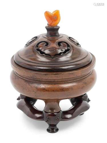 A Bronze Tripod Incense Burner Total height 6 1/2 in., 16.5 ...