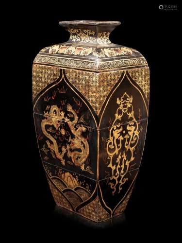 A Large Gilt Decorated Black Lacquered Stacking Box Height 2...
