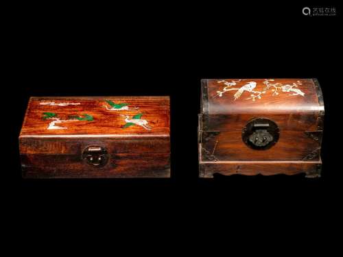 Two Inlaid Huanghuali Boxes Length of larger 11 in., 27.9 cm...