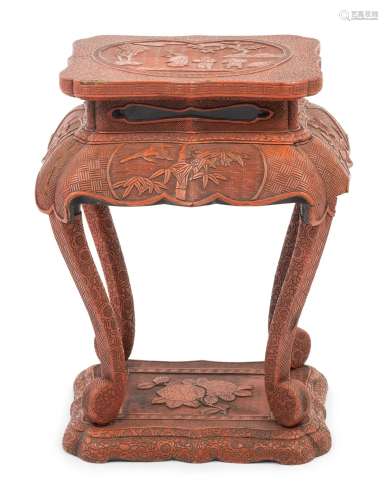 A Red Lacquered Wood Side Stand Height 14 1/2 in., 37 cm.