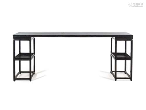 A Black Lacquered Wood Plank-Top Pedestal Table, Jiaji'...