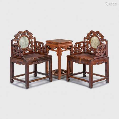 A Pair of Marble Inset Hardwood Armchairs and A Hardwood Sid...