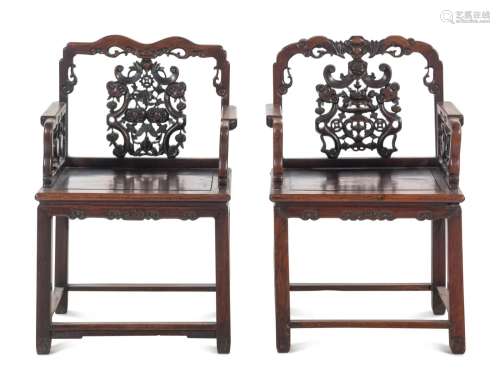 A Pair of Rosewood Armchairs, Meiguiyi Height of each 38 1/2...