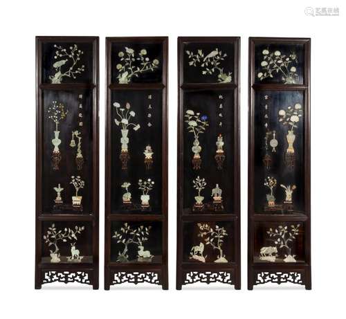 A Set of Four Hardstone Embellished Black Lacquered Wood Pan...