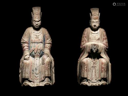 Two Large Carved Wood Figures of Seated Daoist Immortals Hei...