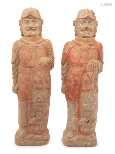 A Pair of Painted Pottery Figures of Warriors Height: 21 in....