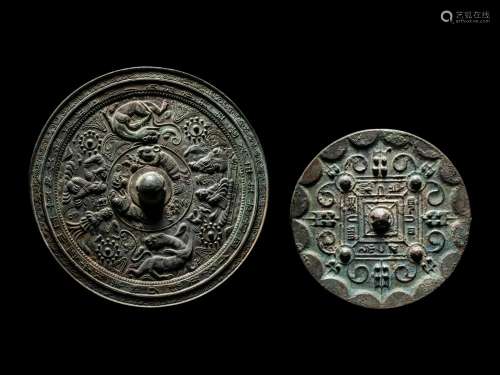 Two Archaic Bronze Mirrors Diameter of larger 9 in., 23 cm.