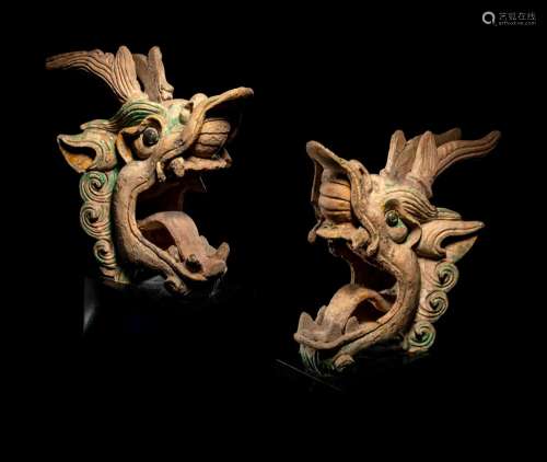 A Pair of Glazed Dragon-Form Roof-Tiles Height overall 20 1/...