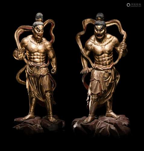 A Pair of Chinese Gilt and Red Lacquered Wood Figures of Wra...