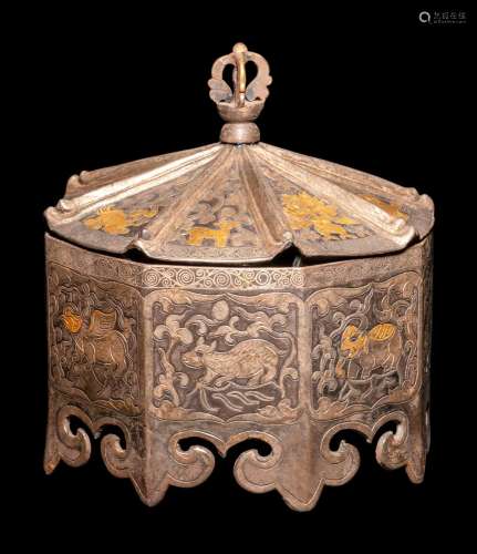 A Tibetan Gilt Inset Metal Covered Box Height 7 in., 17.8 cm...