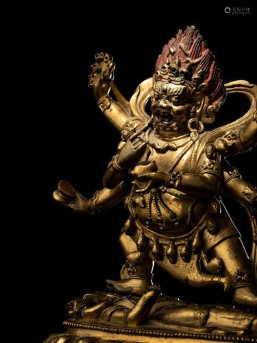 A Sino-Tibetan Gilt Bronze Figure of Mahakala Height 6 1/2 i...