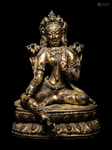 A Tibetan Gilt Bronze Seated Figure of Tara Height 5 1/2 in....