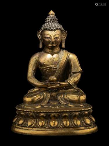 A Small Tibetan Gilt Bronze Figure of Medicine Buddha Height...