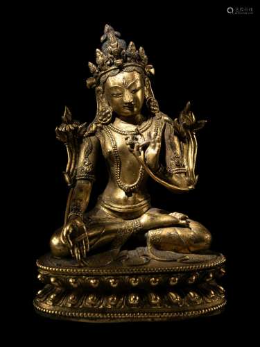 A Sino-Tibetan Gilt Bronze Figure of Tara Height 5 in., 12.7...