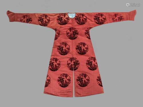 A Crimson Ground Cut Velvet Silk Lady's Informal Robe L...