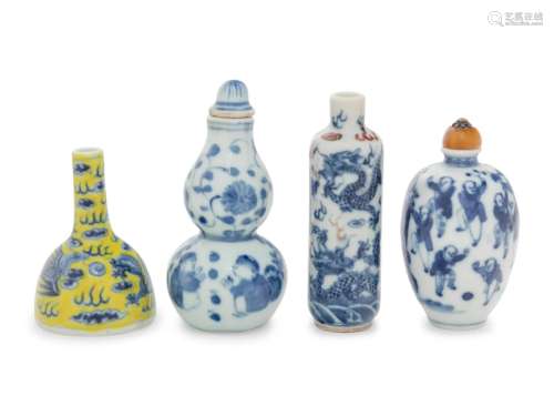 Four Blue and White Porcelain Snuff Bottles Height of larges...