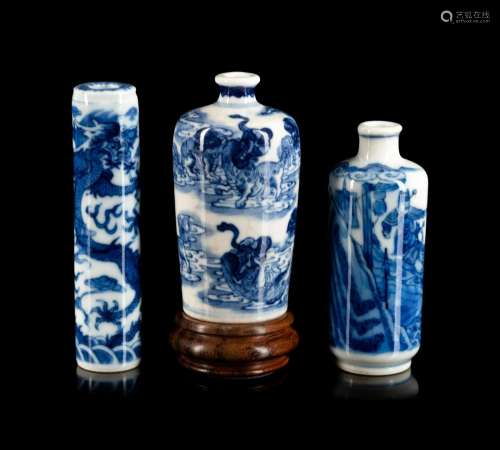 Three Blue and White Porcelain Snuff Bottles Height of talle...