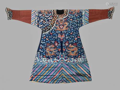 A Blue Ground Embroidered Silk Dragon Robe, Jifu Length from...