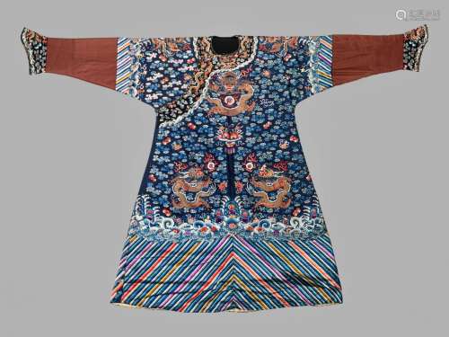 A Blue Ground Embroidered Silk Dragon Robe, Jifu Length from...