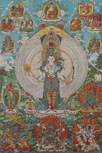 AN ENBROIDERED SILK TANGKA OF AVALOKITESVARA,QING DYNASTY