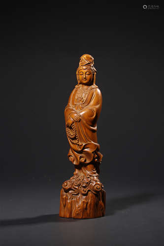 A CARVED BOXWOOD FIGURE OF GUANYIN,QING DYNASTY