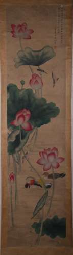 A FLOWER AND BIRD PAINTING 
PAPER SCROLL
REN XUN MARK