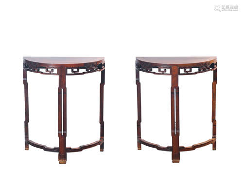 A PAIR OF HONGMU DEMILUNE TABLES,QING DYNASTY