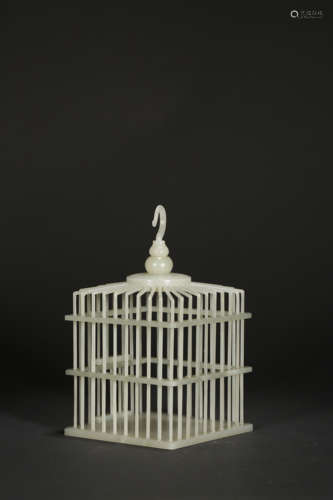 A CARVED WHITE JADE BIRD CAGE,QING DYNASTY