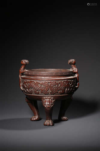 A CARVED BAMBOO‘TAOTIE’CENSER WITH TWO DRAGON HANDLES,QING D...