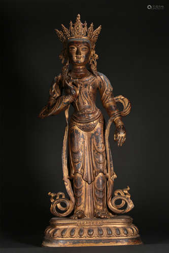 A GOLD LACQUERED-BRONZE FIGURE OF MAITREYA,QING DYNASTY