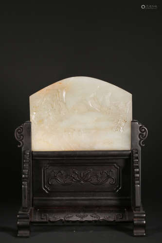 A WHITE JADE ‘LANDSCAPE’TABLE SCREEN,QING DYNASTY