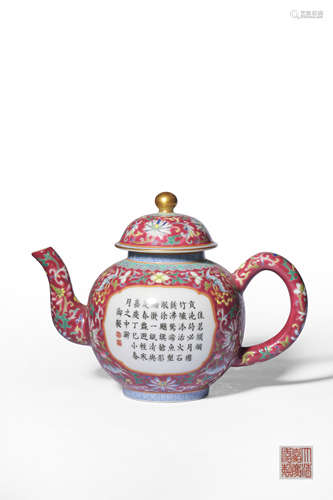 A YANGCAI TEAPOT AND COVER,MARK AND PERIOD OF JIAQING